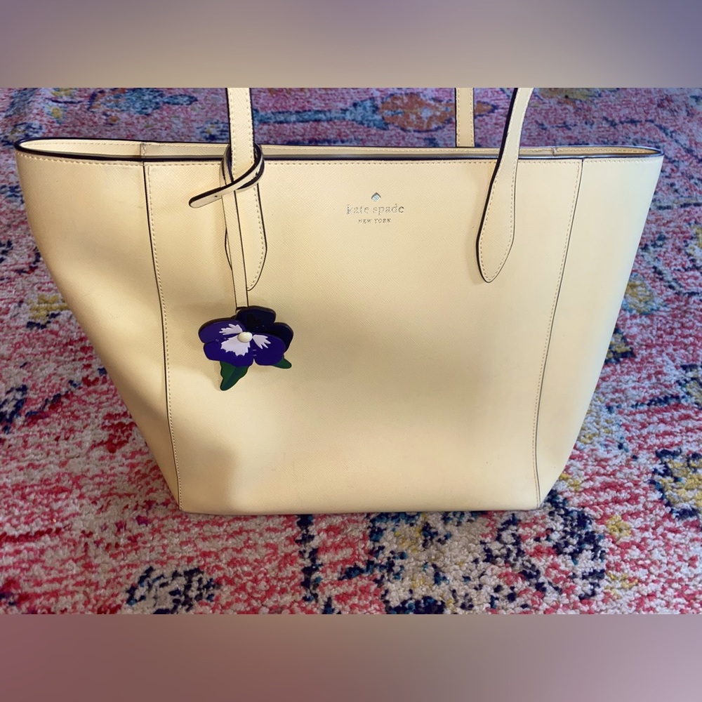 Kate Spade pale yellow leather tote bag w/ flowers